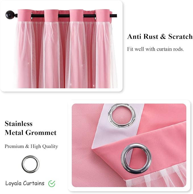 Star Curtains Blackout Curtains for Bedroom, Double Layer Curtains Nursery Curtains Cute Curtains, Kids Curtains for Girls, Curtains 96 Inches Long 2 Panels, Pink Curtains, 52 X 96 Inches