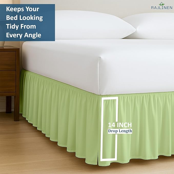 Rajlinen Ruffled Bed Skirt Full, 14 Inch Drop Dust Ruffle with Split Corners, 100% Microfiber Bedskirt with Platform, Three-Sided Coverage Ruffled Gathering Design, Sage