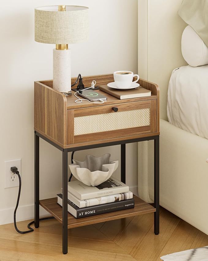 Masupu Nightstand with Charging Station, Modern Bedside Table Night Stand with Storage Drawer and Shelf,Small End Side Table for Bedroom,Living Room,Walnut Brown