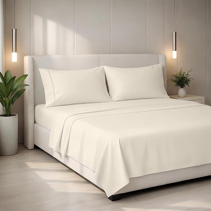 Mayfair Linen 100% Egyptian Cotton King Sheets Set - 2000 Series Luxury Sheets King Size Bed Set, Silky Soft & Cooling, Sateen Weave 17" Extra Deep Pocket Hotel Collection Sheet (4 Pc, Ivory)
