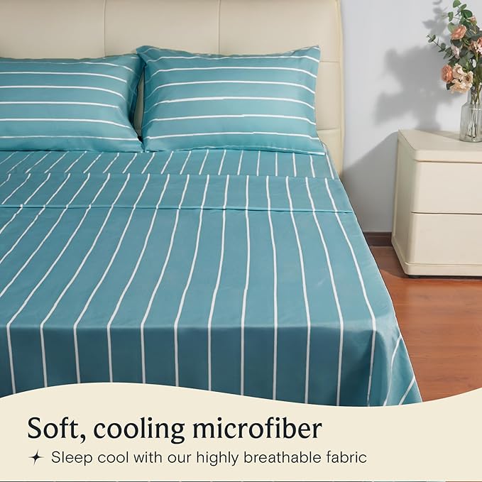 LuxClub 4 PC Full Sheet Set, Deep Pockets Wrinkle Free Cooling Bed Sheets Hotel Bedding for Women, Men, Includes 1 Fitted Sheet, 1 Flat Sheet and 2 Pillowcases-Striped - Light Blue