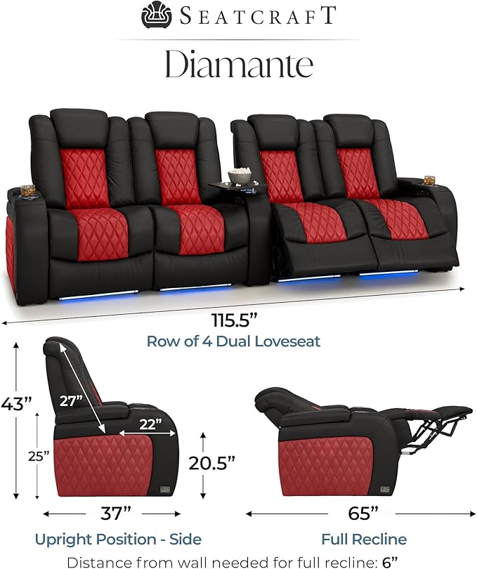 Seatcraft Diamante Zero-Gravity CoolZero Italian Leather Home Theater Seating, Power Headrest, Power Recline, Row of 4 Dual Loveseats, Black/Red