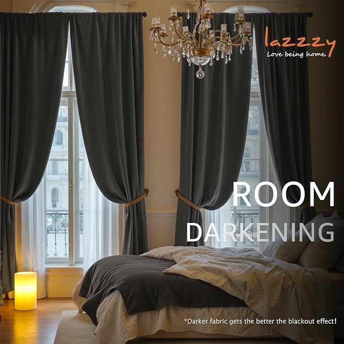 Lazzzy Velvet Blackout Curtains Thermal Insulated Room Window Drapes Super Soft Luxury Curtains for Living Room Bedroom Rod Pocket 2 Panels, Grey, 62" W x 96" L