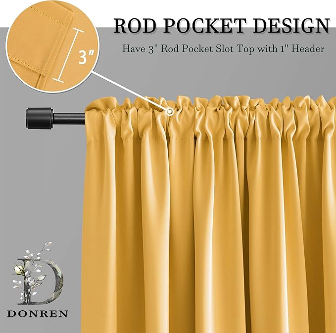 DONREN Gold Yellow Curtains for Bedroom - Thermal Insulated Room Darkening Rod Pocket Curtain Panels (52 W x 90 L,2 Panels)