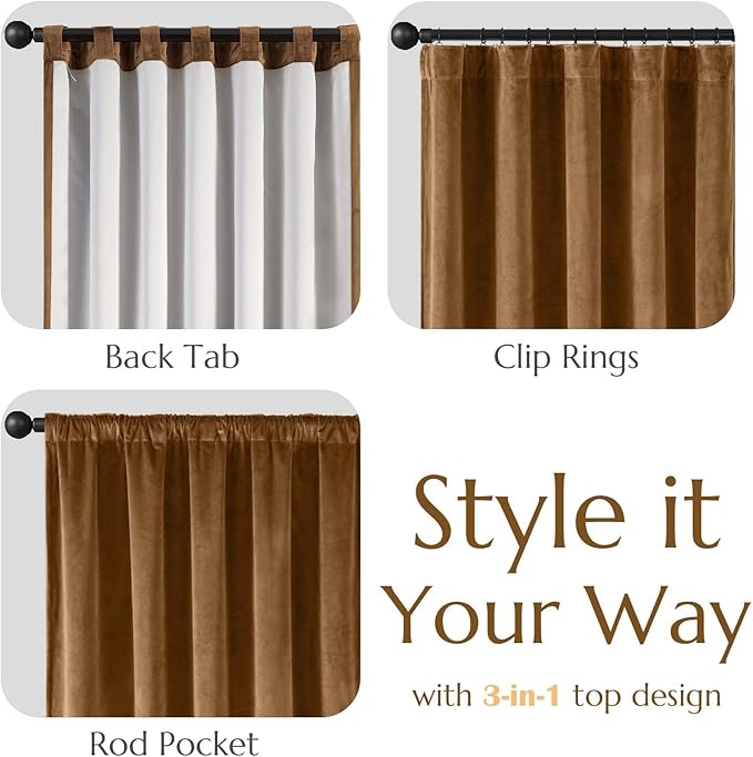 Lazzzy Gold Brown Blackout Velvet Curtains 96 Inches Long Thermal Insulated Room Darkening Curtain Drapes Luxury Back Tab Window Treatments for Bedroom Living Room 2 Panels, 52 x 96 Inch, Golden Brown