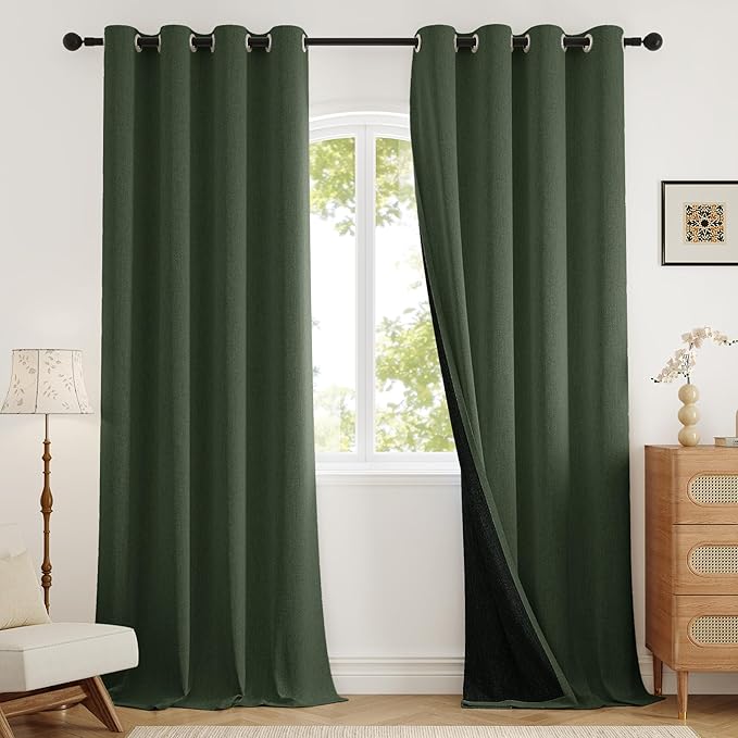 100% Blackout Curtains 102 inch Length 2 Panels for Living Room, Linen-Look Textured Room Darkening Thermal Insulated Noise Reduction Farmhouse Drapes for Bedroom (W52xL102, Olive)