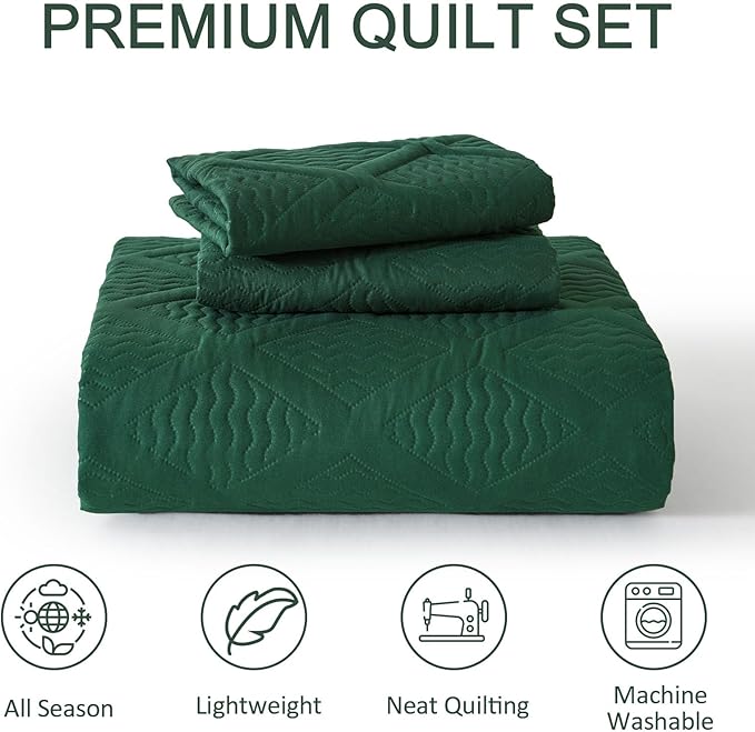 Yiran Quilts Queen Size, Emerald Green Spring Summer Bedspread Bedding Set, 3 Pieces Diamond Pattern Lightweight Microfiber Coverlet with 2 Pillow Shams for All Season 96x90 Inch