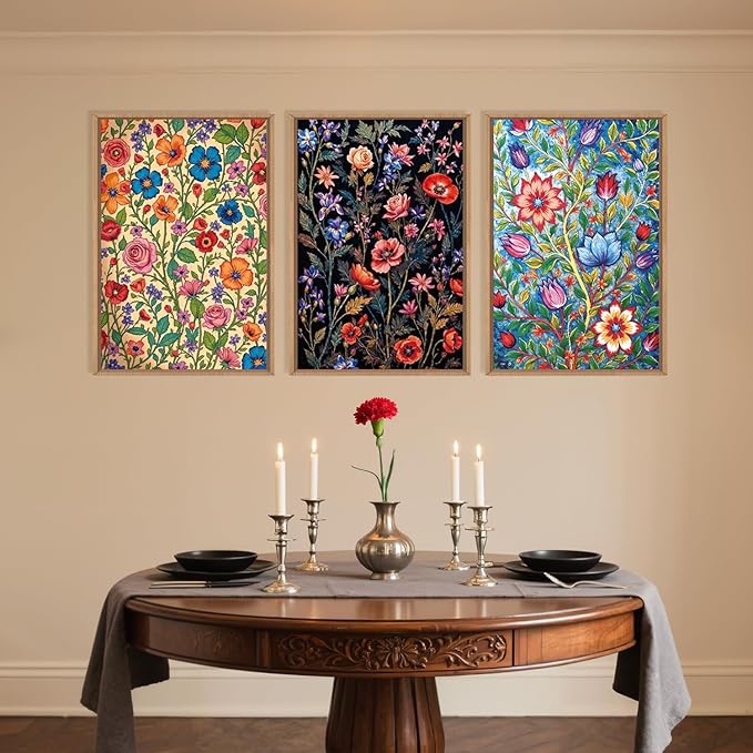 LHIUEM Large Vintage Botanical Flower Framed Canvas Wall Art,Abstract Colorful Wildflower Wall Decor,Rustic Bouquet Wall Painting,Poster Artwork for Living Room,Bedroom,Dining Room,Office -24"x36"x3