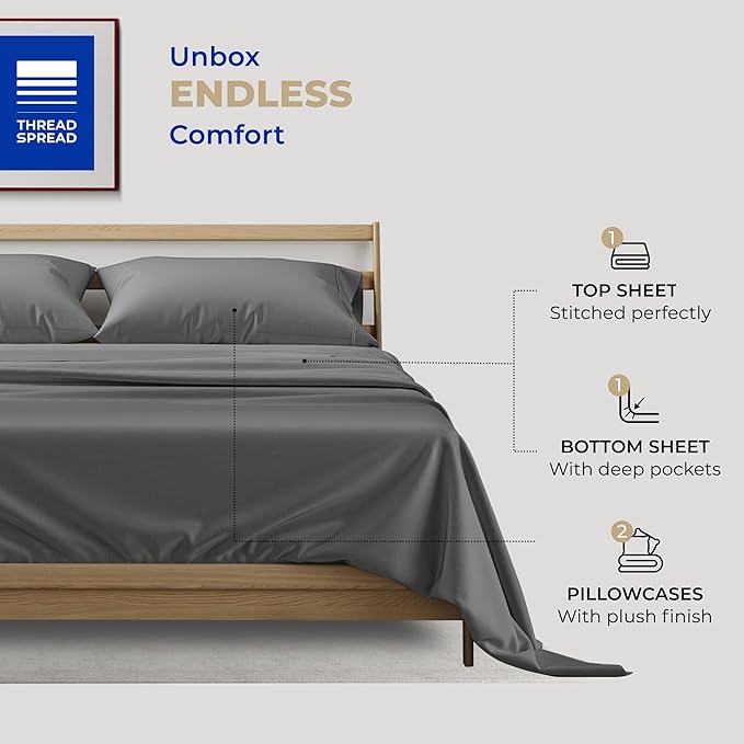 THREAD SPREAD California King Sheets - 400 Thread Count 100% Cotton Sheets California King, 4 PC Cal King Sheets Set, Extra Soft, Cooling Bed Sheets, Deep Pocket California King Sheet Set (Dark Grey)