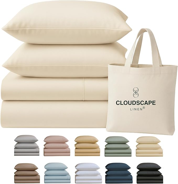 Cloud Scape Linen 100% Egyptian Cotton Sheets for Queen Size Bed, 400 Thread Count, 4 Pieces Bedding Set, Hotel Quality, Silky Soft, Deep Pockets up to 17”, Ivory