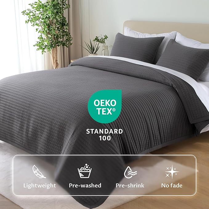 KASENTEX Twin Quilt Set 68"x86" – Soft Washed 3-Layer Lightweight Bedspread, Minimalist Nordic Design, All-Season Spring & Summer Quilt Set (1 Quilt + 2 Pillow Shams),Tornado Dark Grey