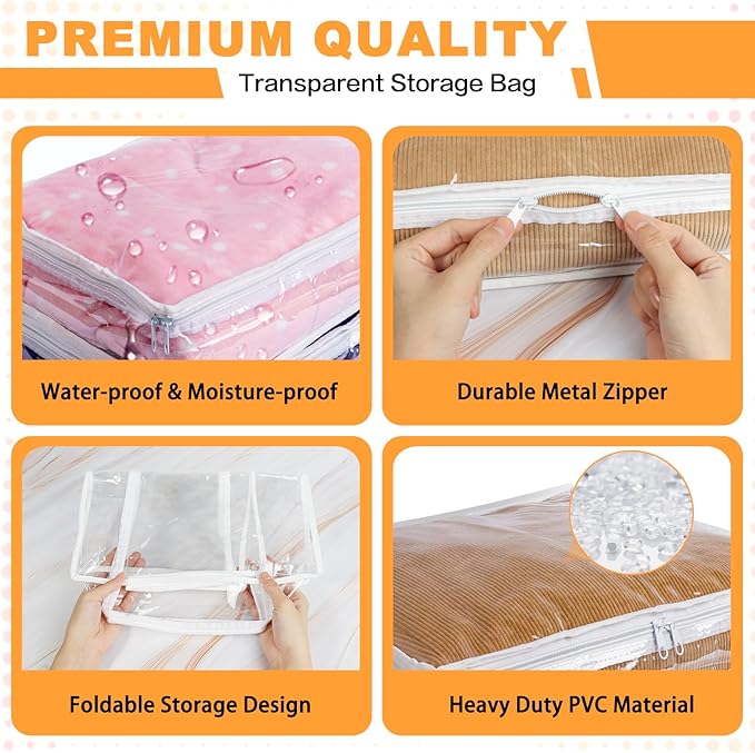 Clear Zippered Storage Bags Plastic Sweater Storage Bags with Zipper 6 Packs Clothing Organizer for Blankets Linen Sweater Bed Sheet Quilt Clothes Pillow (18 x 15 x 9 Inch)
