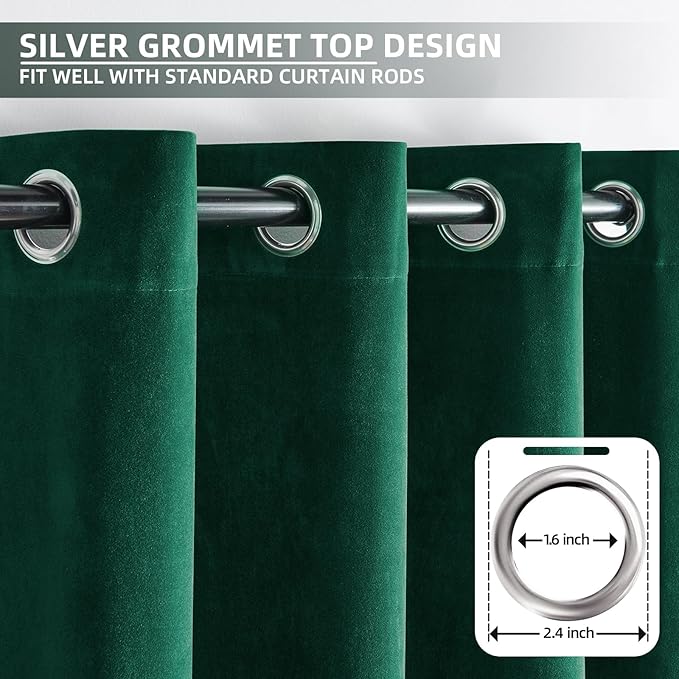 Joydeco Dark Green Velvet Curtains 96 Inches Long, Luxury Grommet Blackout Curtain 2 Panels, Thermal Insulated Privacy Room Darkening Window Drapes for Bedroom Living Room Home Theatre (52Wx96L)