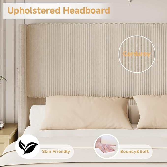King Size Bed Frame and Headboard, Upholstered King Bed Frame with Tall Wingback Headboard & Footboard, USB Ports, Easy Assembly, Beige