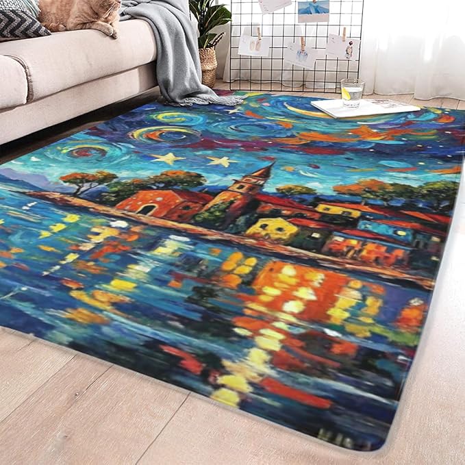 Machine Washable 5' x 7' Seaside Villages and Churches Area Rug, Bule Floor mat, Suitable for bedrooms, Girls' Room Bedside, Living Room, Dining Room, Office, Non-Slip Low-Pile Night Sky Carpet