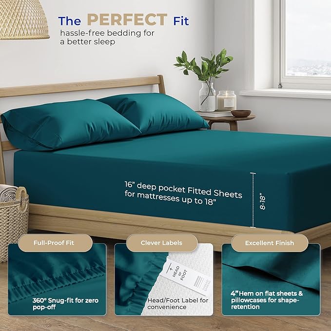 THREAD SPREAD King Size Cotton Sheets Set - 400 Thread Count 4 PC 100% Cotton Sheets for King Bed, 16 in Deep Pocket King Size Cotton Sheets Set for Hot Sleepers, Luxury Hotel Cooling Sheets (Teal)