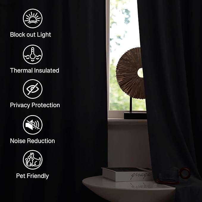 StangH Black Blackout Curtains 105 inches Premium Velvet Thermal Insulated Drapes for Bedroom, Heavy Soft Curtains with Noise Reduction for Studio, W52 x L105, 2 Panels