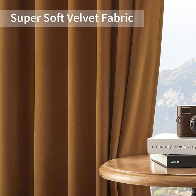 Joydeco Camel Brown Velvet Curtains 96 inch Length 2 Panels, Luxury Blackout Rod Pocket Thermal Insulated Window Curtains, Super Soft Room Darkening Drapes for Living Room Bedroom,W52 x L96 inches
