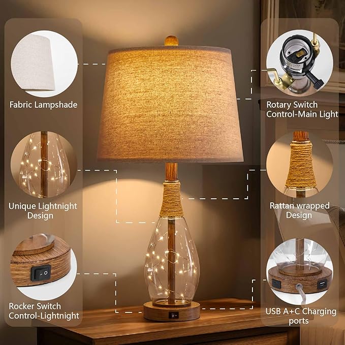 OYEARS Wood-Like Bedside Table Lamps Set of 2 with USB, Farmhouse Nightstand Lamps for Bedroom, Retro Rattan Table Lamps for Night Stands, Living Room, Boho Table Lamp with Glass Nightlight