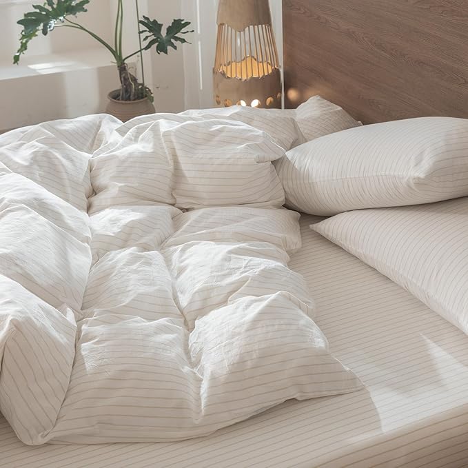 MooMee Striped Duvet Cover Set 100% Washed Cotton Linen Like Textured Breathable Durable Soft Comfy (White Almond Milk Grey Wide Stripes, Twin 68"x90")