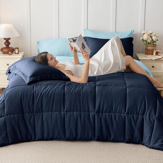 JOLLYVOGUE California King Comforter Set, Ultra-Soft Bed in a Bag Cal King Size 7 Pieces, Oeko-TEX Certified Bedding Set With Down Alternative Comforter, Sheets, Pillowcases & Shams, Navy & Light Blue