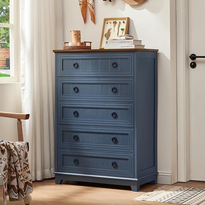 Farmhouse Chest of Drawers with Storage, 42" Tall Dresser for Bedroom, 5 Drawer Navy Blue Dresser with Metal Handle, Organizer Closet for Living Room, Hallway, Entryway