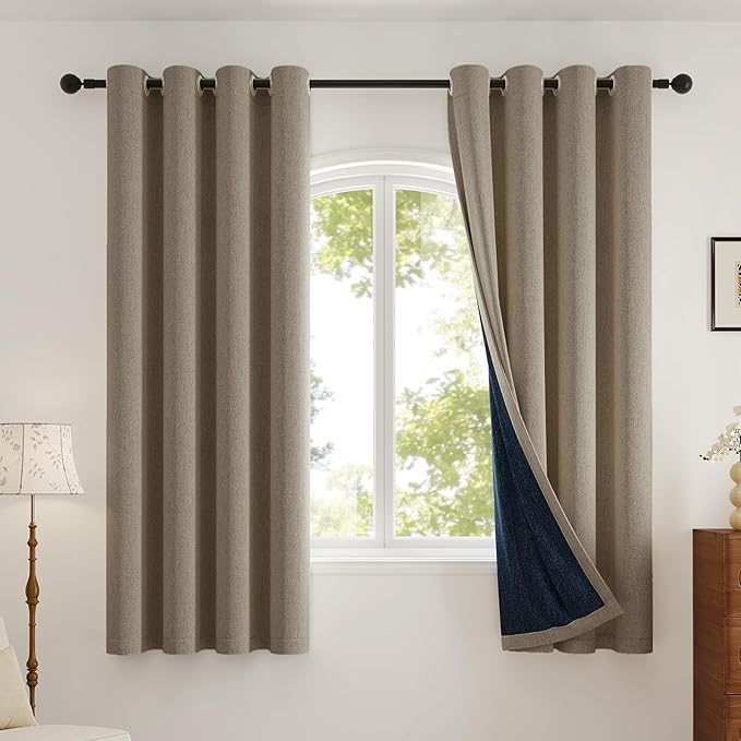 100% Blackout Curtains Thick Soft Curtain 2 Panels for Bedroom, Linen-Look Textured Full Light Blocking Room Darkening Thermal Insulated Drapes for Windows (W52xL45, Taupe)