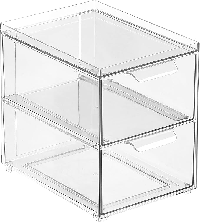 mDesign Stackable Storage Containers Box with 2 Pull-Out Drawers - Stacking Plastic Drawer Bins for Master or Guest Bathroom, Linen Closet, Vanity, Makeup Table Lumiere Collection 4 Pack, Clear