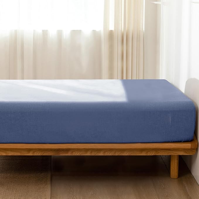 MooMee Fitted Bottom Sheet Only 100% Washed Cotton Linen Like Textured Breathable Durable Soft Comfy Deep Pocket Fits Mattress up to 17" (Blue, King)