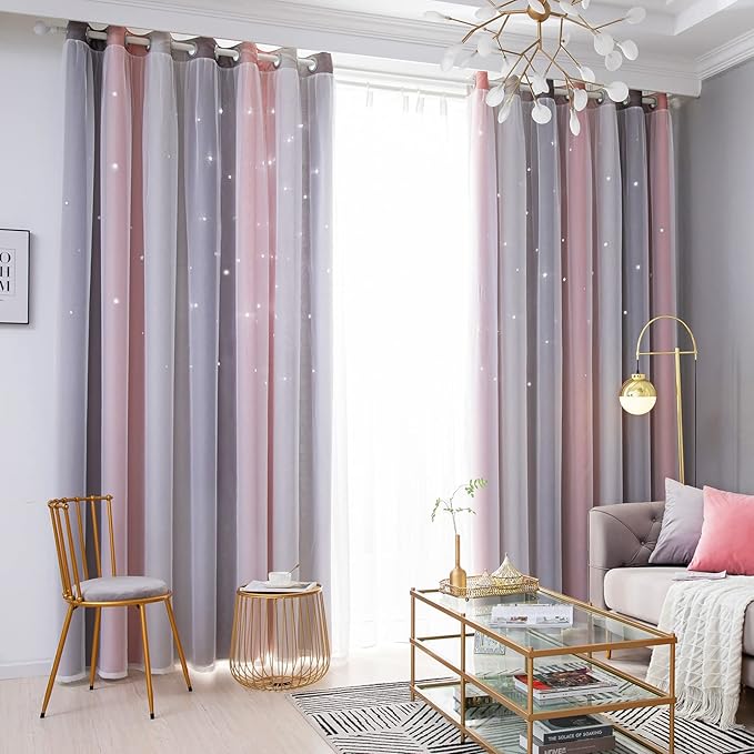 Star Blackout Curtains for Bedroom - Cute Kids Rainbow Curtains, 108 Inch Long 2 Panels, Pink & Grey