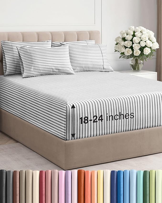 Extra Deep Cal King Sheet Set - 6 Piece Breathable & Cooling Sheets - Hotel Luxury Bed Sheets Set - Easy Fit - Soft, Wrinkle Free & Comfy Sheets Set - Grey Striped Sheet Set with Extra Deep Pockets