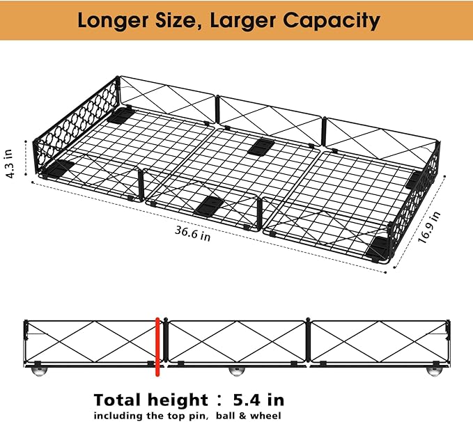 NADAMOO Large Under Bed Storage with Wheels, Low Profile Rolling Under Bed Storage Containers，Foldable Metal Under the Bed Organizer Bins for Bedroom，2 Packs