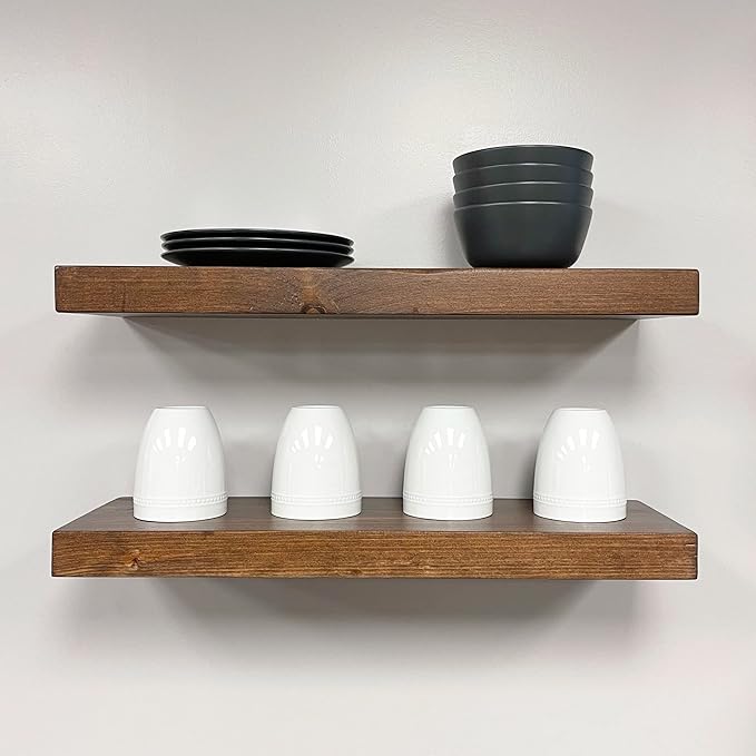 URBANDI, Rustic Floating Shelves, Set of 2, Hidden Bracket, Solid Wood, Heavy Duty, Wall Mounted Shelves, (Dark Brown, 12Wx8D)