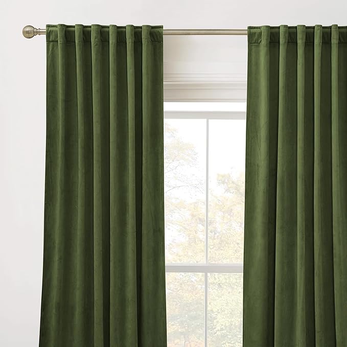 RYB HOME Back Tab Velvet Curtains, Thermal Insulated Privacy Protect Decorative Drapes for Living Room Home Theater, Olive Green, W 52 x L 108 inches, 2 Panels Set