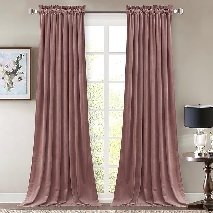 StangH Wide Rose Velvet Curtains - Room Darkening Blackout Window Drapes for Living Room, Rod Pocket Thermal Insulated Curtains for Sliding Door/Hall, W52 x L108, 2 Panels