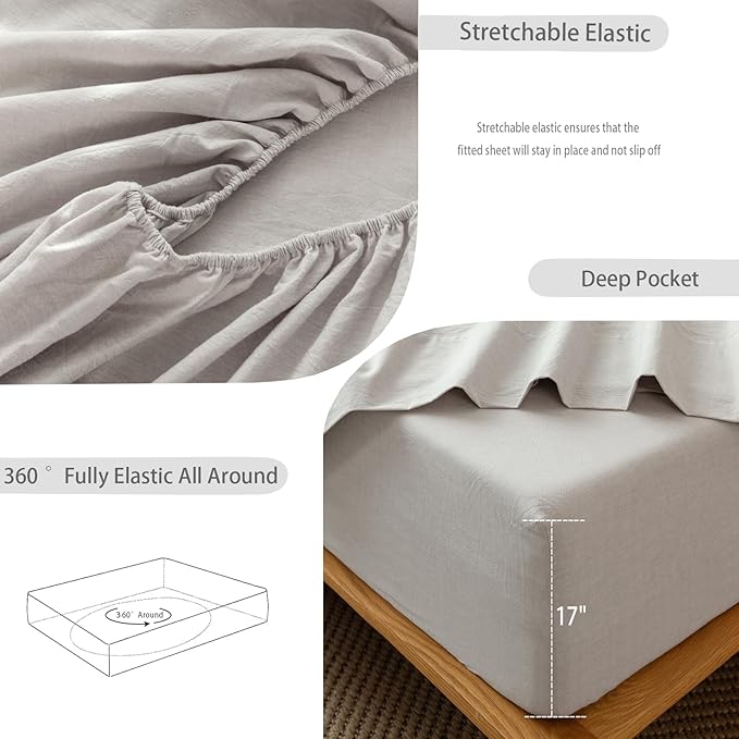 MooMee Fitted Bottom Sheet Only 100% Washed Cotton Linen Like Textured Breathable Durable Soft Comfy Deep Pocket Fits Mattress up to 17" (Natural Linen, King)