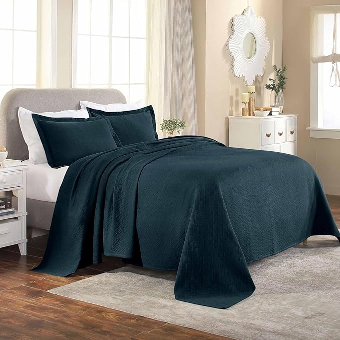 Superior 3 Piece Basketweave Cotton Bedspread Set, Home Bed Decor, Decorative Bed Spread, 2 Pillow Shams, Medium Weight Blanket, Matelasse Coverlet Bedding, Geometric Lattice Pattern, King, Deep Sea