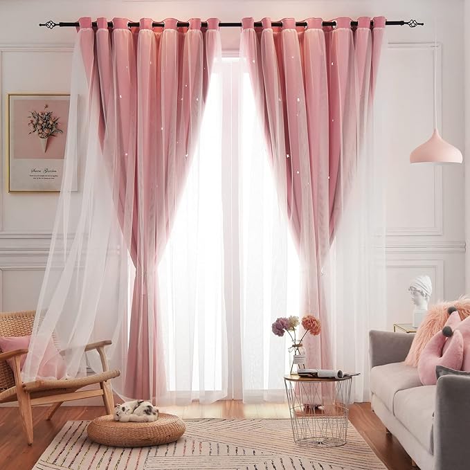 Star Curtains Blackout Curtains for Bedroom, Double Layer Curtains Nursery Curtains Cute Curtains, Kids Curtains for Girls, Curtains 63 Inch Length 2 Panels, Pink Curtains, 52 X 63 Inches