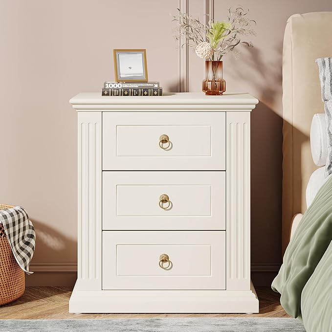 Tribesigns 3-Drawer Nightstand Set of 2, Modern Bedside Table with Storage Drawers, Wood Night Stand Side End Table for Bedroom, Beige