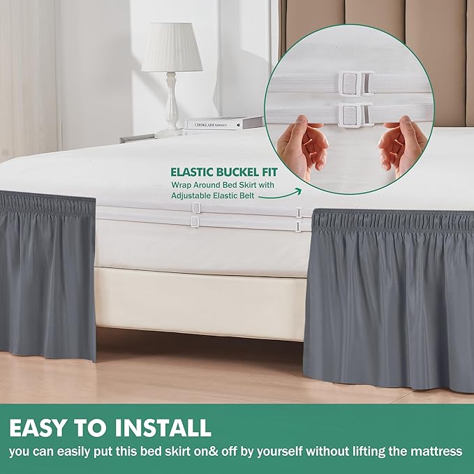 Biscaynebay Wrap Around Bed Skirts with Split Corners for Queen Beds 15" Drop, Dark Grey Adjustable Elastic Dust Ruffles Easy Fit Wrinkle Resistant Silky Luxurious Fabric Machine Washable