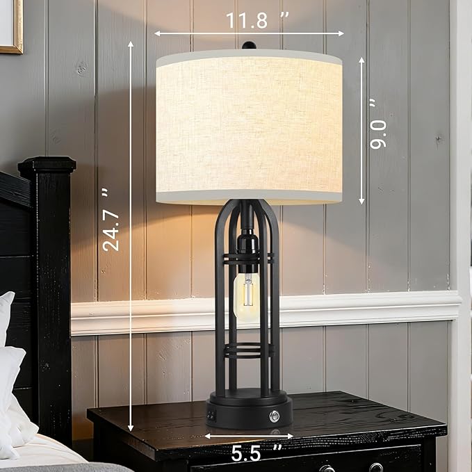 Black Table Lamps, Table Lamp with USB Port, 3 Color Temperatures, Stepless Dimming, Bedside Lamps, Bedroom Lamps, Farmhouse Lamps for Living Room(Bulbs Included)