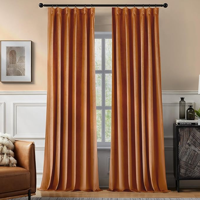 Pinch Pleated 100% Blackout Curtains for Bedroom, Yellow Velvet Curtains for Living Room, Black Out Curtain 84 inch Long Room Darkening, Blackout Pinch Pleat Drapes with Hooks 2 Panels