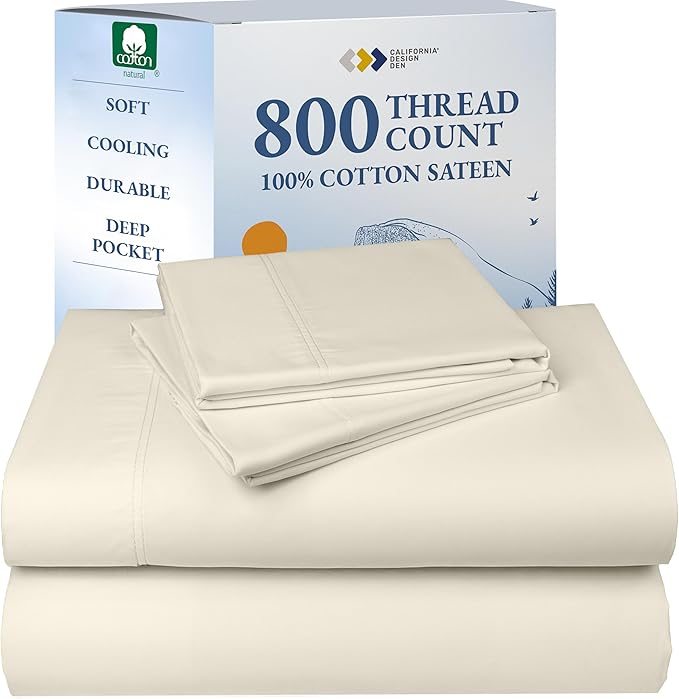 California Design Den Luxury Queen Sheets Set - Buttery Soft 800 Thread Count Sateen, 100% Cotton Bed Sheets Set with Deep Pockets, Durable Bedding - Ivory (Cream Tone)