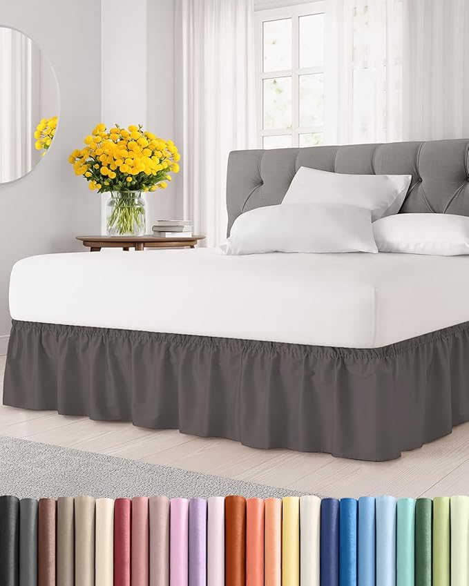 Wrap Around Dust Ruffle Bed Skirt - Dark Grey - for Full Size Beds with 18 Inch Drop - Elastic Strap - Adjustable Pleated Bedskirt with Brushed Fabric and Wrinkle Free - for Women, Men, Kids & Teens
