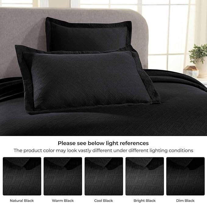 Superior 3 Piece Basketweave Cotton Bedspread Set, Home Bed Decor, Decorative Bed Spread, 2 Pillow Shams, Medium Weight Blanket, Matelasse Coverlet Bedding, Geometric Lattice Pattern, Full, Black