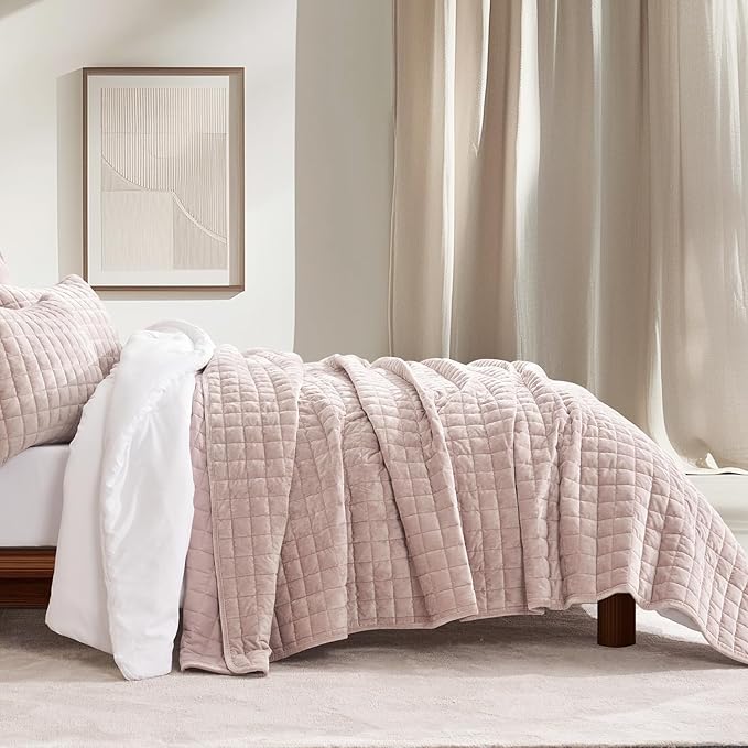 RECYCO Luxury Velvet Quilt Set Full Queen Size Bedding Sets, Ultra Soft Velvet Comforter Set, Lightweight Channel Box Stitch Oversized Bedspread Coverlet for All Season, with 2 Shams, Rose Pink