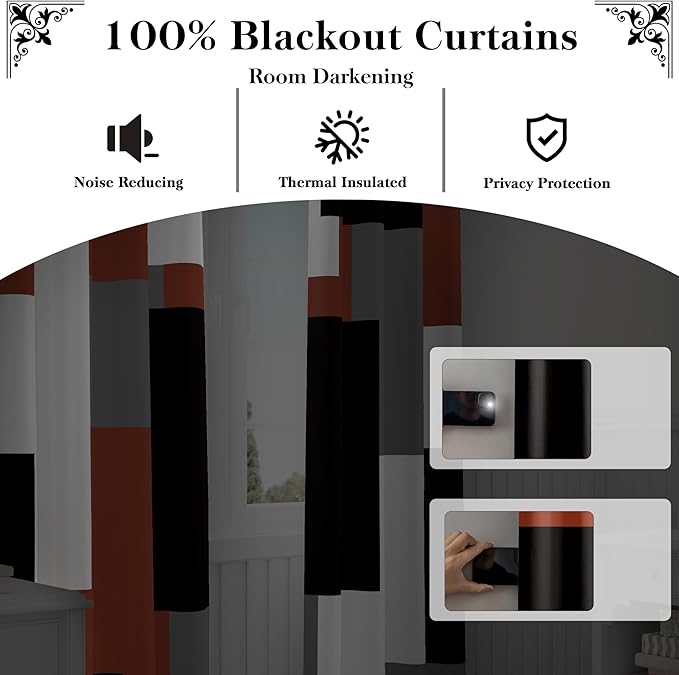 Burnt Orange 100% Blackout Curtains for Bedroom 84 inch Length 2 Panels Set Grey Modern Abstract Geometric Fall Black Out Curtains Insulated Room Darkening Window Drapes for Living Room, 42Wx84L