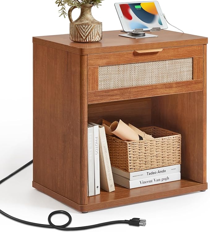 LEYAOYAO Rattan Nightstand with Charging Station, Tea Brown Night Stand with Drawer, 23" Wide Boho Bedside Table with Storage Shelf, Bed Side End Tables for Bedroom, Living Room, Hallway