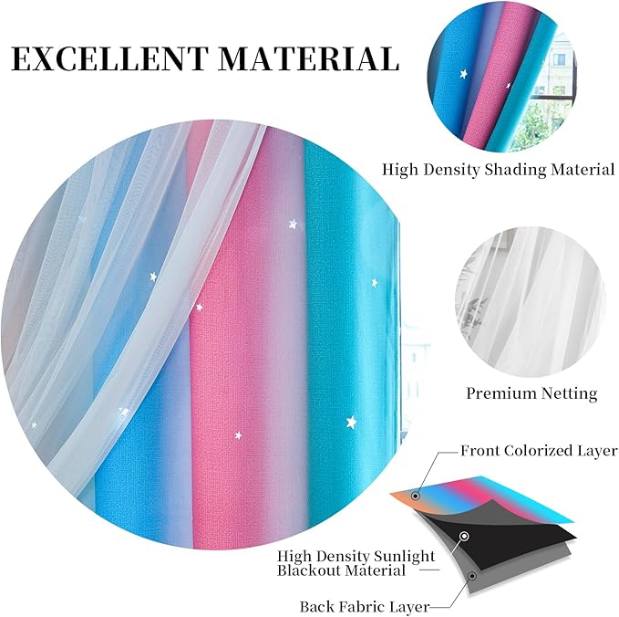 Star Blackout Curtains for Bedroom - Cute Kids Rainbow Curtains, 84 Inch Long 2 Panels, Beige & Blue & Pink