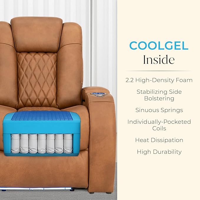 Seatcraft Diamante Zero-Gravity CoolZero Italian Leather Home Theater Seating, Power Headrest, Power Recline, Row of 5 Sofa, Tawny